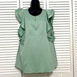 Michael Kors Sea Foam Mint Green Flutter Ruffle Short Sleeve Gold Accent Large